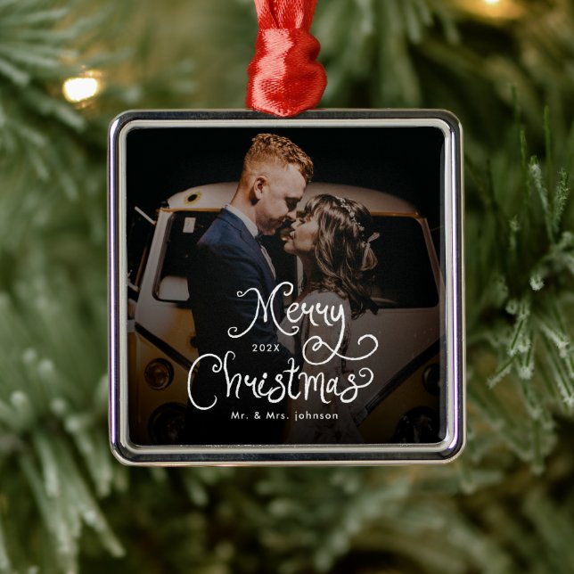 Merry Christmas Whimsical Script  Custom Photo  Metal Ornament (Tree)