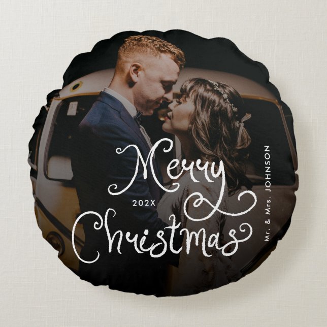 Merry Christmas Whimsical Script  Custom Photo  Round Pillow (Front)