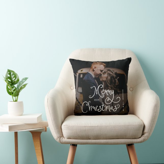 Merry Christmas Whimsical Script  Custom Photo  Throw Pillow (Chair)