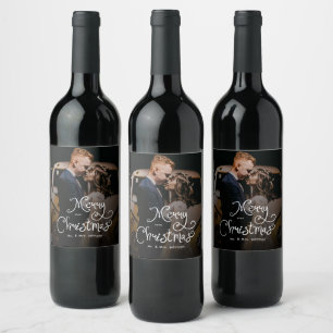 Merry Christmas Whimsical Script Custom Photo Wine Label