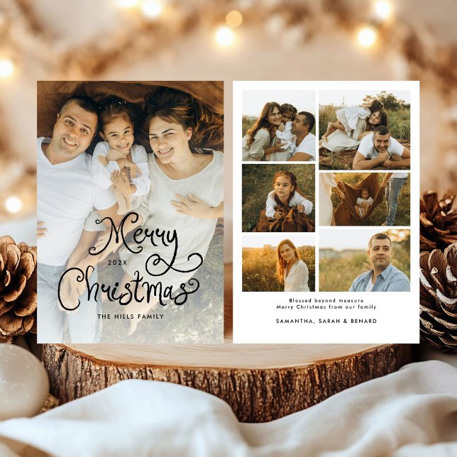 Merry Christmas Whimsical Script  Family 7 Photos Holiday Card (Creator Uploaded)