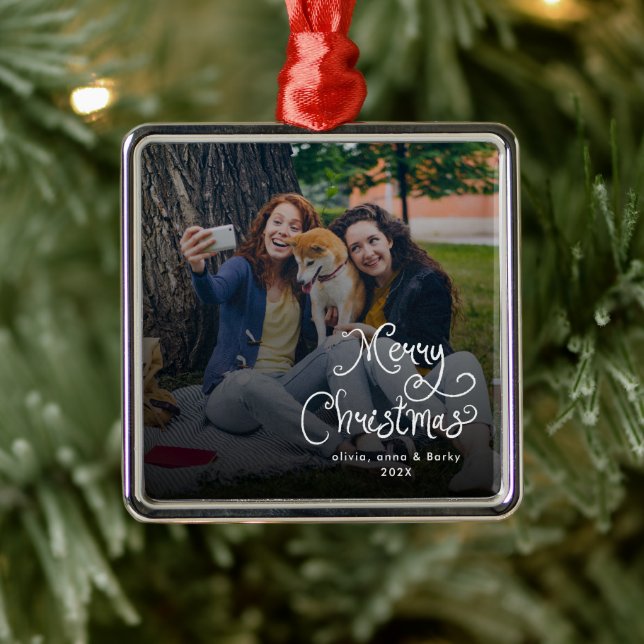 Merry Christmas Whimsical Script Family Photo Dog Metal Ornament (Tree)