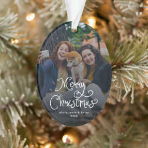 Merry Christmas Whimsical Script Family Photo Dog Ornament