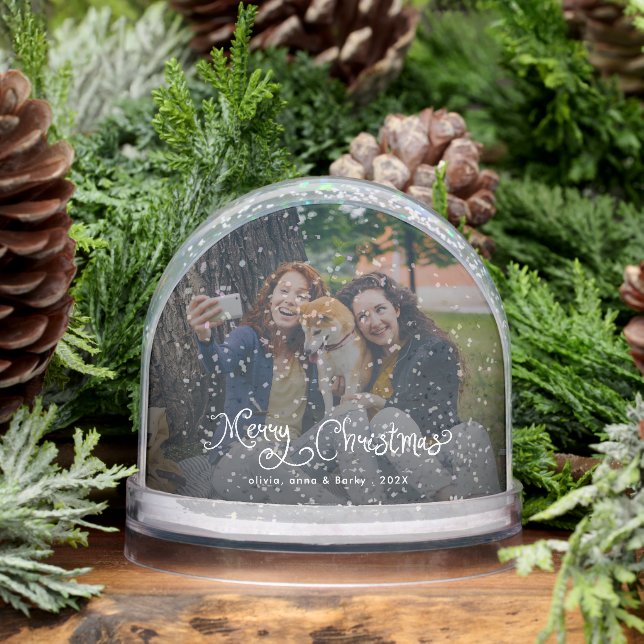 Merry Christmas Whimsical Script Family Photo Dog Snow Globe (Winter)