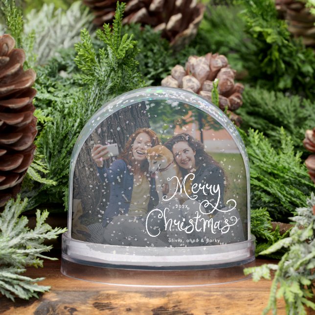 Merry Christmas Whimsical Script Family Photo Dog Snow Globe (Winter)