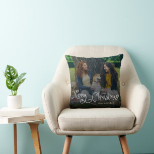 Merry Christmas Whimsical Script Family Photo Dog Throw Pillow