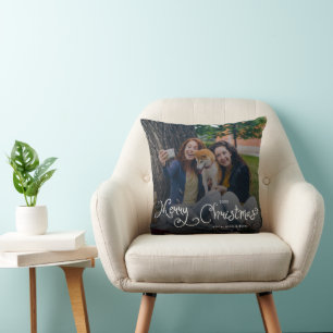 Merry Christmas Whimsical Script Family Photo Dog Throw Pillow