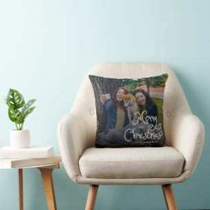 Merry Christmas Whimsical Script Family Photo Dog Throw Pillow