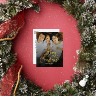 Merry Christmas Whimsical Script Family Photo Foil Holiday Postcard