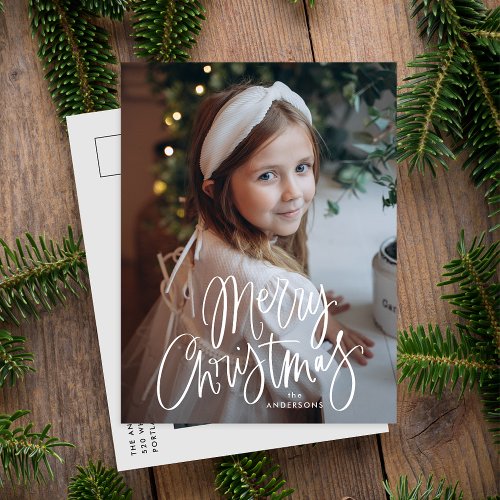 Merry Christmas Whimsical Script Photo Holiday Postcard