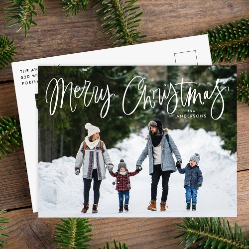 Merry Christmas Whimsical Script Photo Holiday Postcard