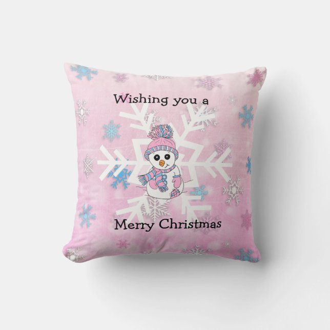 Merry Christmas Whimsical Snowman and Snowflake Throw Pillow (Front)