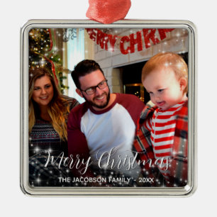 Merry Christmas Whimsical Sparkles Holiday Photo Metal Ornament