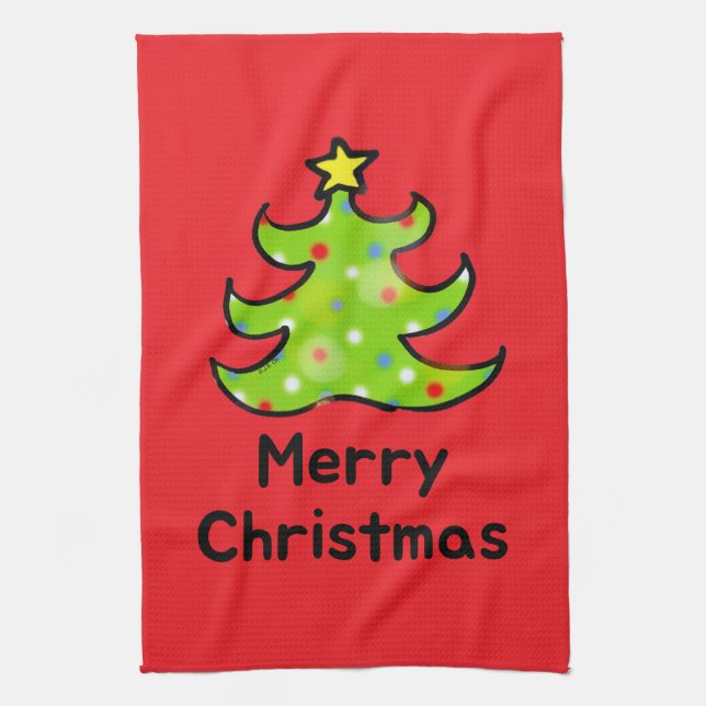 Merry Christmas Whimsical Tree Design Kitchen Towel (Vertical)