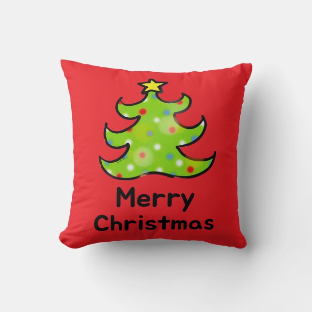 Merry Christmas Whimsical Tree Design Throw Pillow (Front)