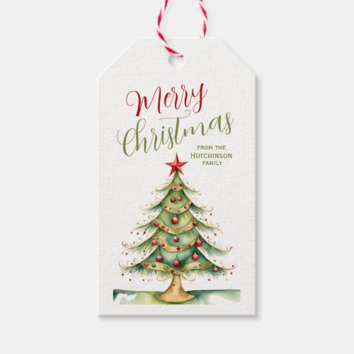 Merry Christmas Whimsical Tree Family Name Gift Tags