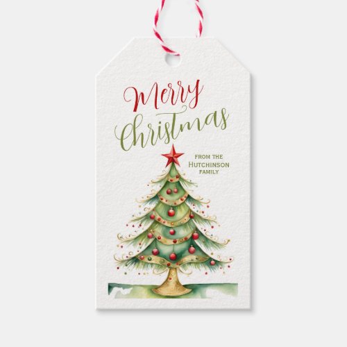 Merry Christmas Whimsical Tree Family Name Gift Tags