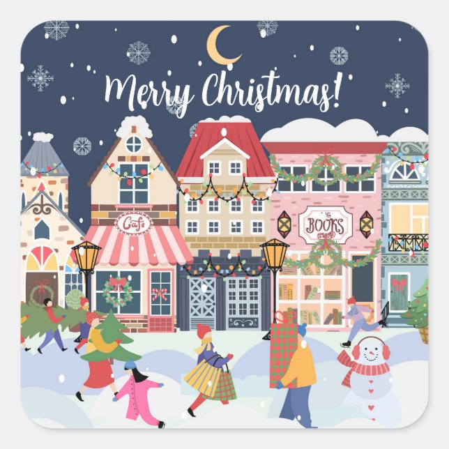 Merry Christmas Whimsy Winter Town Personalize Square Sticker (Front)