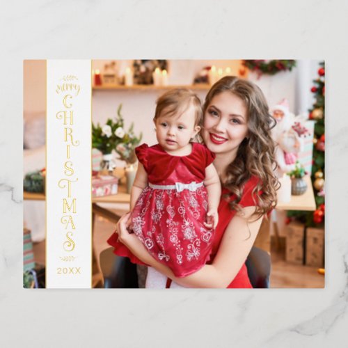 Merry Christmas white 2 photos family gold Foil Holiday Postcard