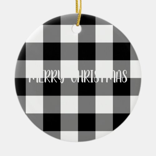 Merry Christmas White and Black Buffalo Plaid Ceramic Ornament