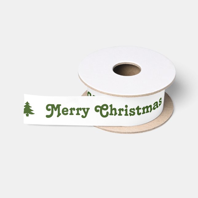 Merry Christmas White and Green Christmas Trees Satin Ribbon (Spool)