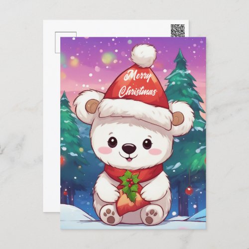 Merry Christmas White Baby Polar Bear  Postcard