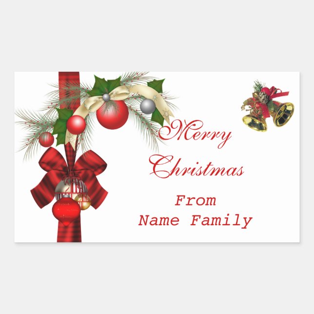 Merry Christmas White Balls Gold Red Xmas Party Rectangular Sticker (Front)