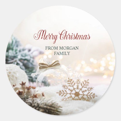 Merry Christmas White Balls Snowflakes Classic Round Sticker