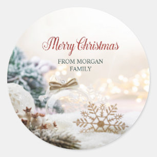 Merry Christmas White Balls Snowflakes Classic Round Sticker