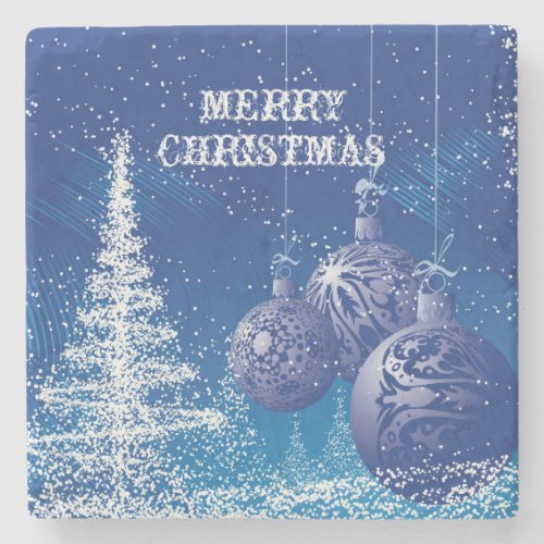 Merry Christmas White  Blue Christmas Trees Stone Coaster