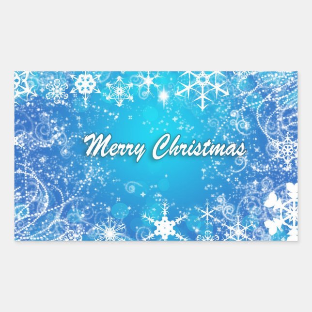 Merry christmas white blue rectangular sticker (Front)