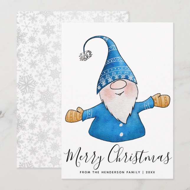 Merry Christmas White Blue Yellow Cute Gnome Holiday Card (Front/Back)