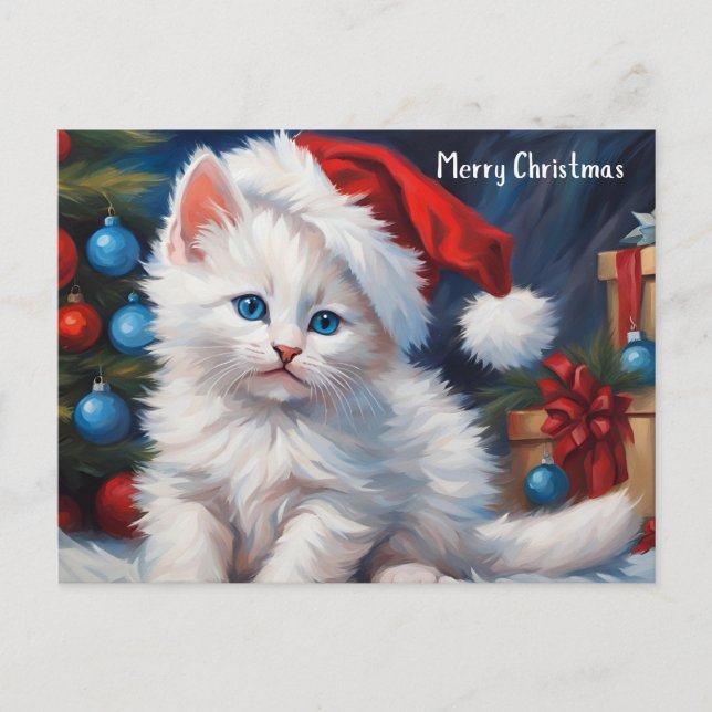 Merry Christmas White Cat and Christmas Tree  Holiday Postcard (Front)