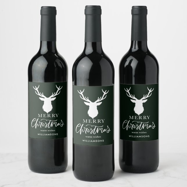 Merry Christmas White Deer Customized Dark Green Wine Label (Bottles)