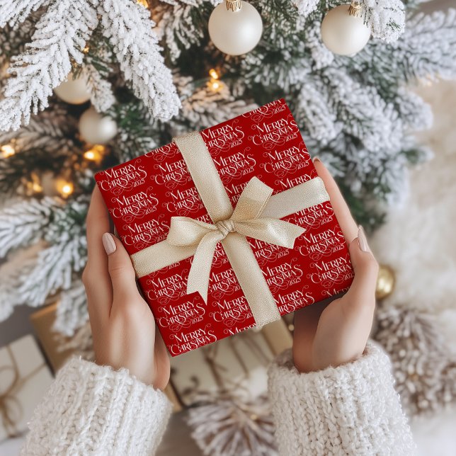 Merry Christmas White Festive Retro Typography Wrapping Paper (Creator Uploaded)