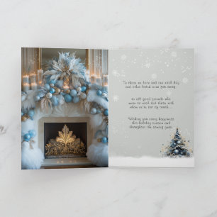 Merry Christmas White Fireplace Blue Ornaments Holiday Card