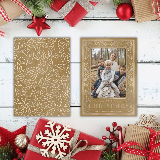 Merry Christmas White Foliage on Gold & Photo Holiday Card (Creator Uploaded)