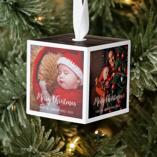 Merry Christmas white frame handwritten modern    Cube Ornament (Tree)