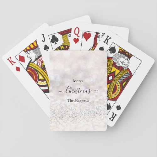 Merry Christmas white glitter family name Playing Cards