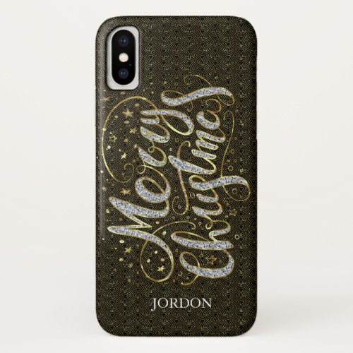 Merry Christmas White glitter typography iPhone XS Case