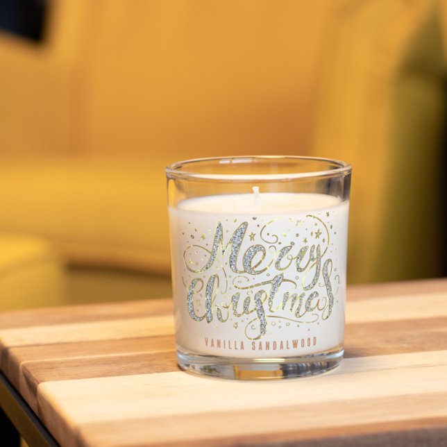 Merry Christmas White & Gold Glitter Typography Scented Candle (Creator Uploaded)