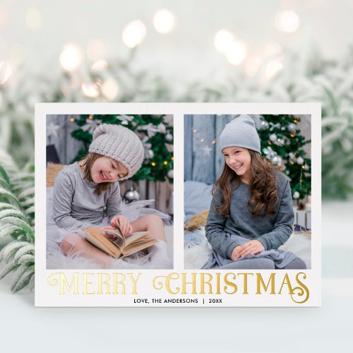 Merry Christmas white gold modern two photos Foil Holiday Card