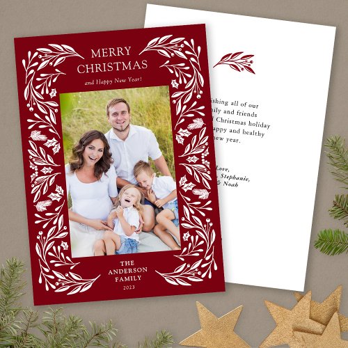 Merry Christmas White Greenery Message Photo Holiday Card