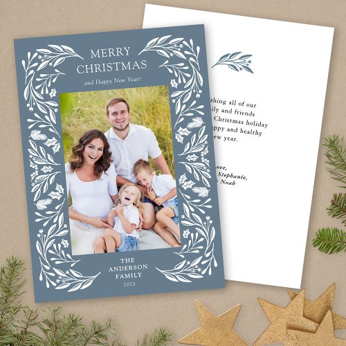 Merry Christmas White Greenery Message Photo Holiday Card