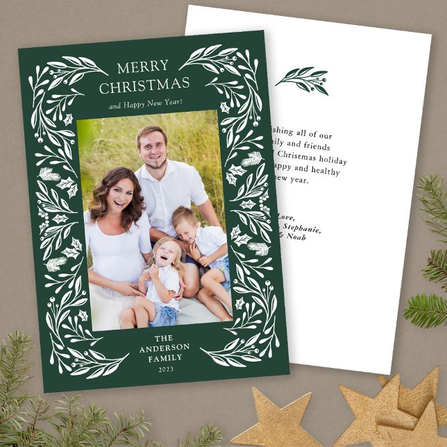 Merry Christmas White Greenery Message Photo Holiday Card (Creator Uploaded)