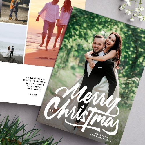Merry Christmas White Hand written photo collage Holiday Card