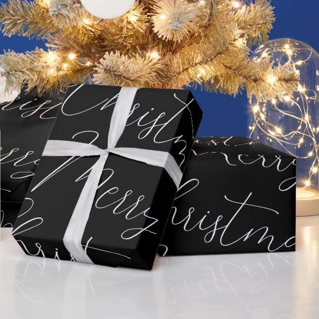 Merry Christmas white handwritten text, black  Wrapping Paper (Holidays)