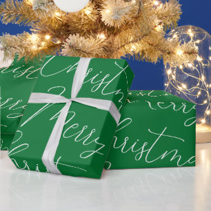 Merry Christmas white handwritten text, green  Wrapping Paper