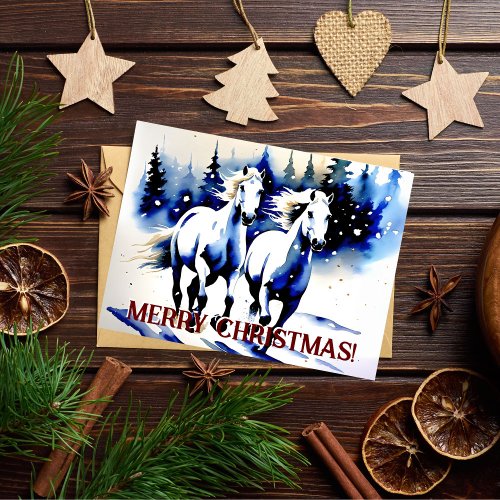 Merry Christmas white horses watercolor greetings Postcard