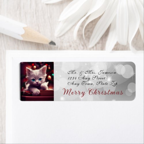 Merry Christmas White Kitten Red Bow Label
